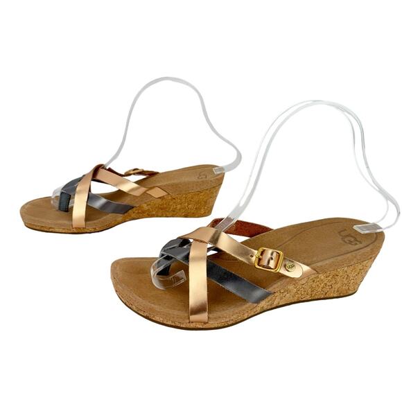 Ugg Adalie Metallic Leather Criss Cross Strappy Wedge Heel Thong